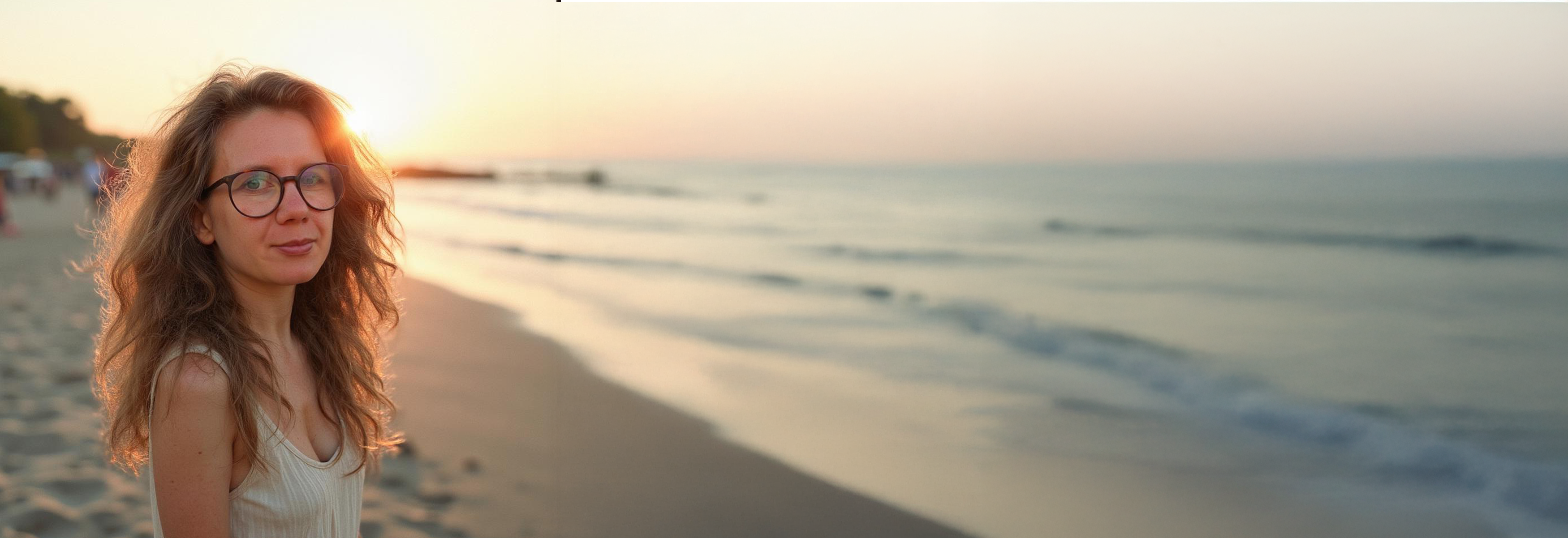 Franziska Wendling am Strand bei Sonnenuntergang – Headerbild der Startseite